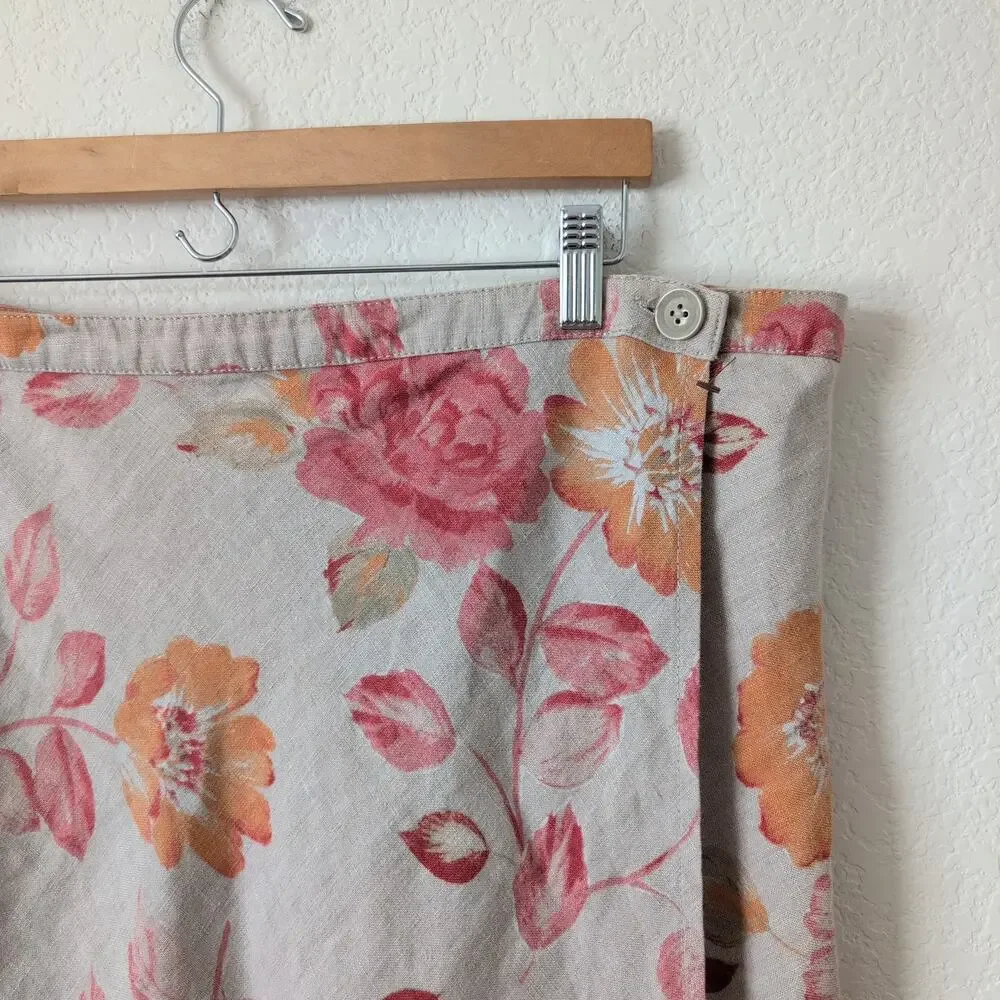 Vintage Eddie Bauer Linen‎ Wrap Skirt Womens 16 - Floral 90s Beige Pink Cottage